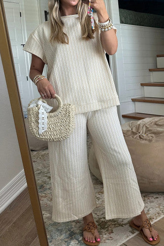 Beige Texture Loose Short Sleeve Top & Cropped Pant Set