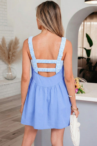 Blue Faux Two Piece Gingham Patchwork Loose Mini Dress